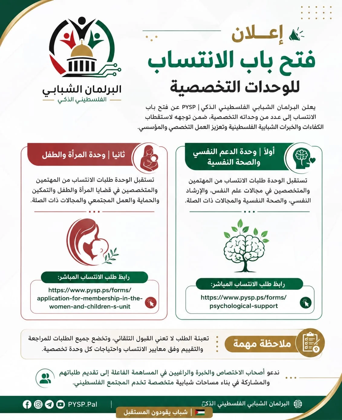 🇵🇸 فتح باب الانتساب للوحدات التخصصية في البرلمان الشبابي الفلسطيني الذكي | PYSP