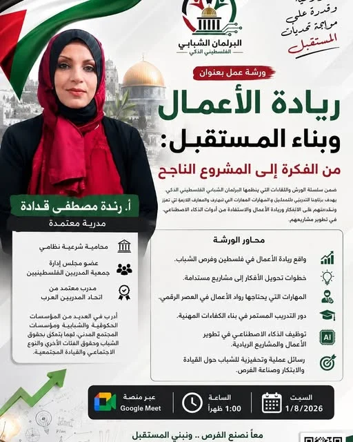 🚀 البرلمان الشبابي الفلسطيني الذكي ينظم ورشة تدريبية بعنوان: "ريادة الأعمال وبناء المستقبل... من الفكرة إلى المشروع الناجح"
