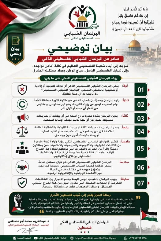 **بيان توضيحي**
صادر عن البرلمان الشبابي الفلسطيني الذكي